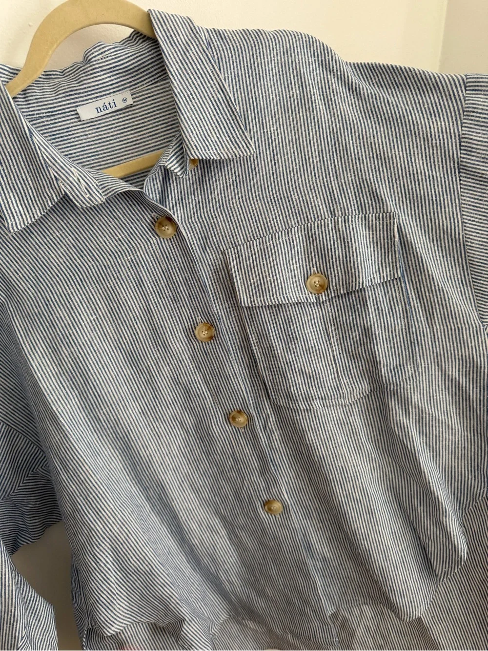 Nati Boutique Melony Linen Button Down in Light Blue Atripe
